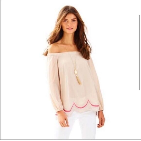 Lilly Pulitzer Silk Cream Blouse with Pink Scalloped Edges (Off the Shoulder) - Picture 2 of 8